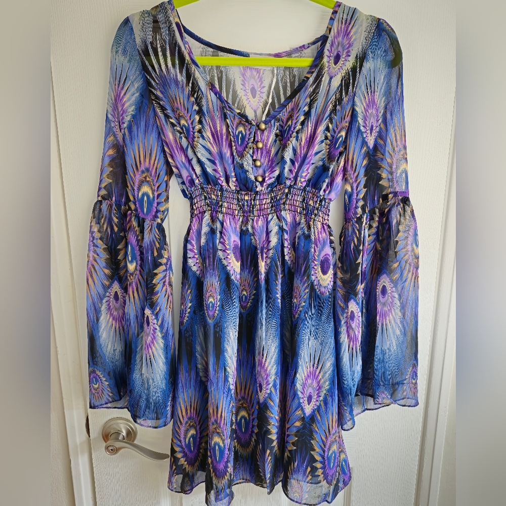 Three Eighty Two Dark Blue, Black, Green, Peacock Pattern Dress Size Small